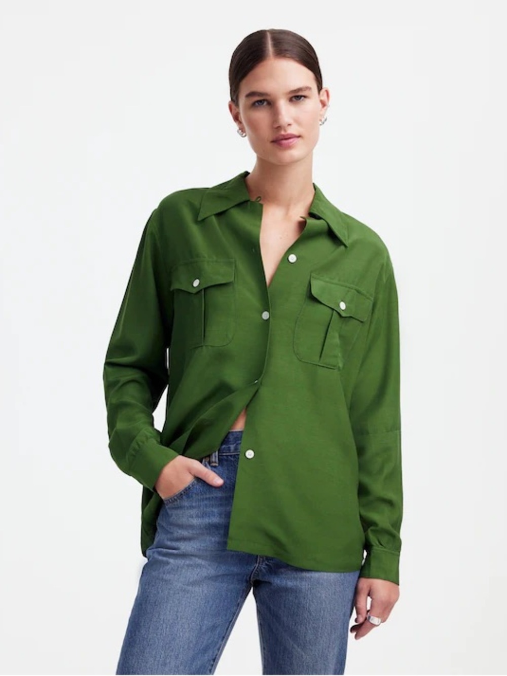 NWT Alexa Chung for Madewell Pleat-Pocket Button-Up Shirt Dark Pine Size S